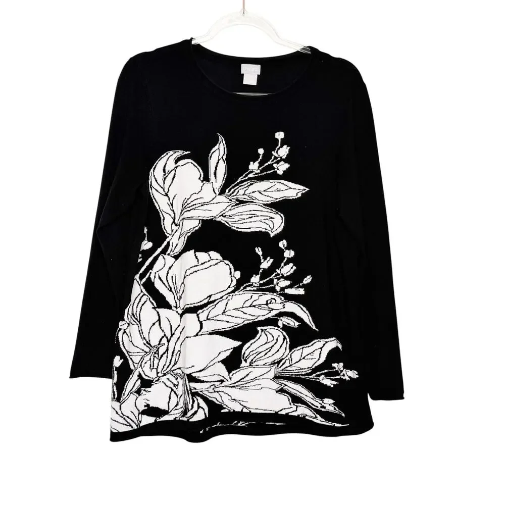 CHICO’S Lightweight Floral Sweater Pullover Knit Tunic Black White Womens Size L - Picture 9 of 9